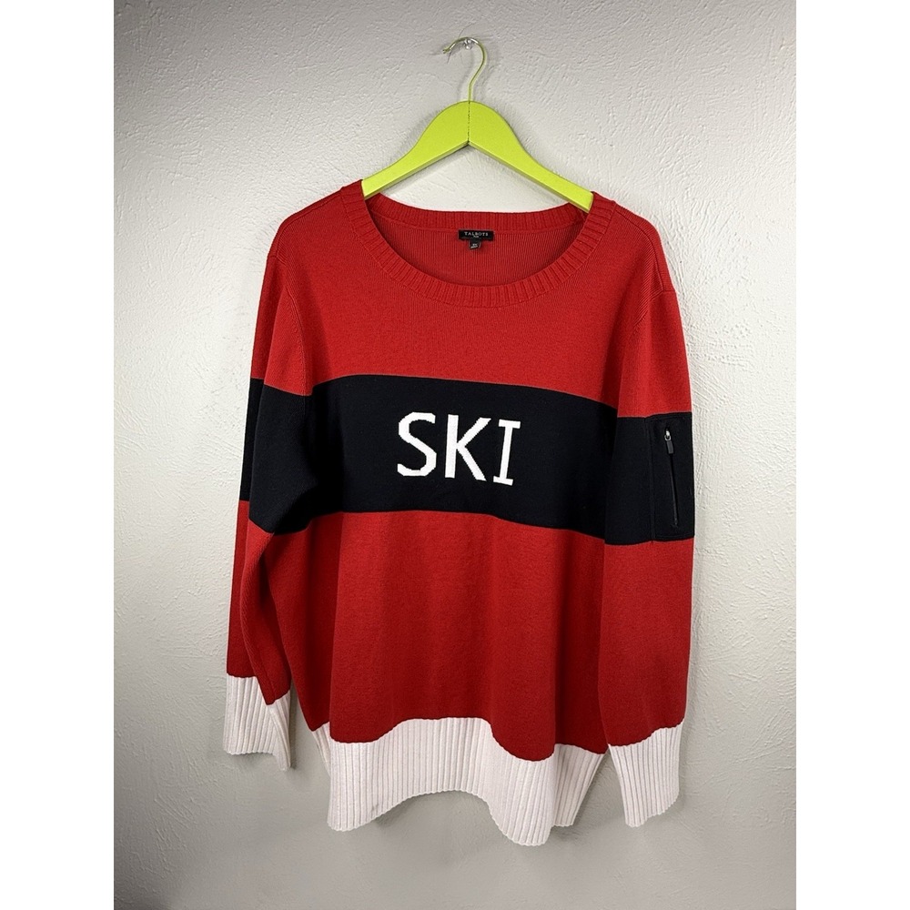 Talbots Colorblock Ski Spellout Thermolite Crew Neck Sweater Size 2X Red HOLIDAY